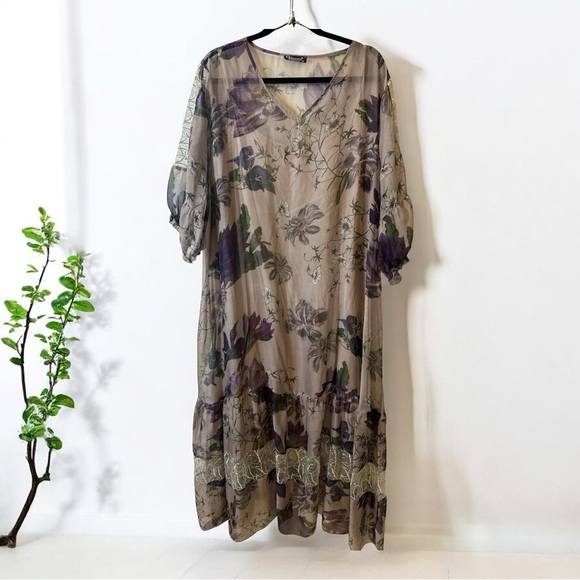 Floral Plus Size Sheer Floral Dress with Purple and Green Flowers - Picture 2 of 8